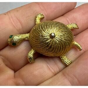 Gold Turtle Vintage Brooch Green Eyes